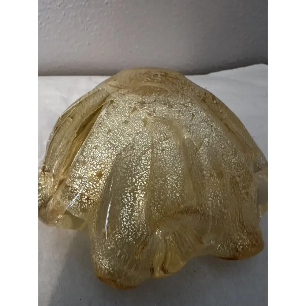 Vintage Murano Glass Aventurine Gold Flecks Ruffled Bowl Ashtray Candy Dish MCM